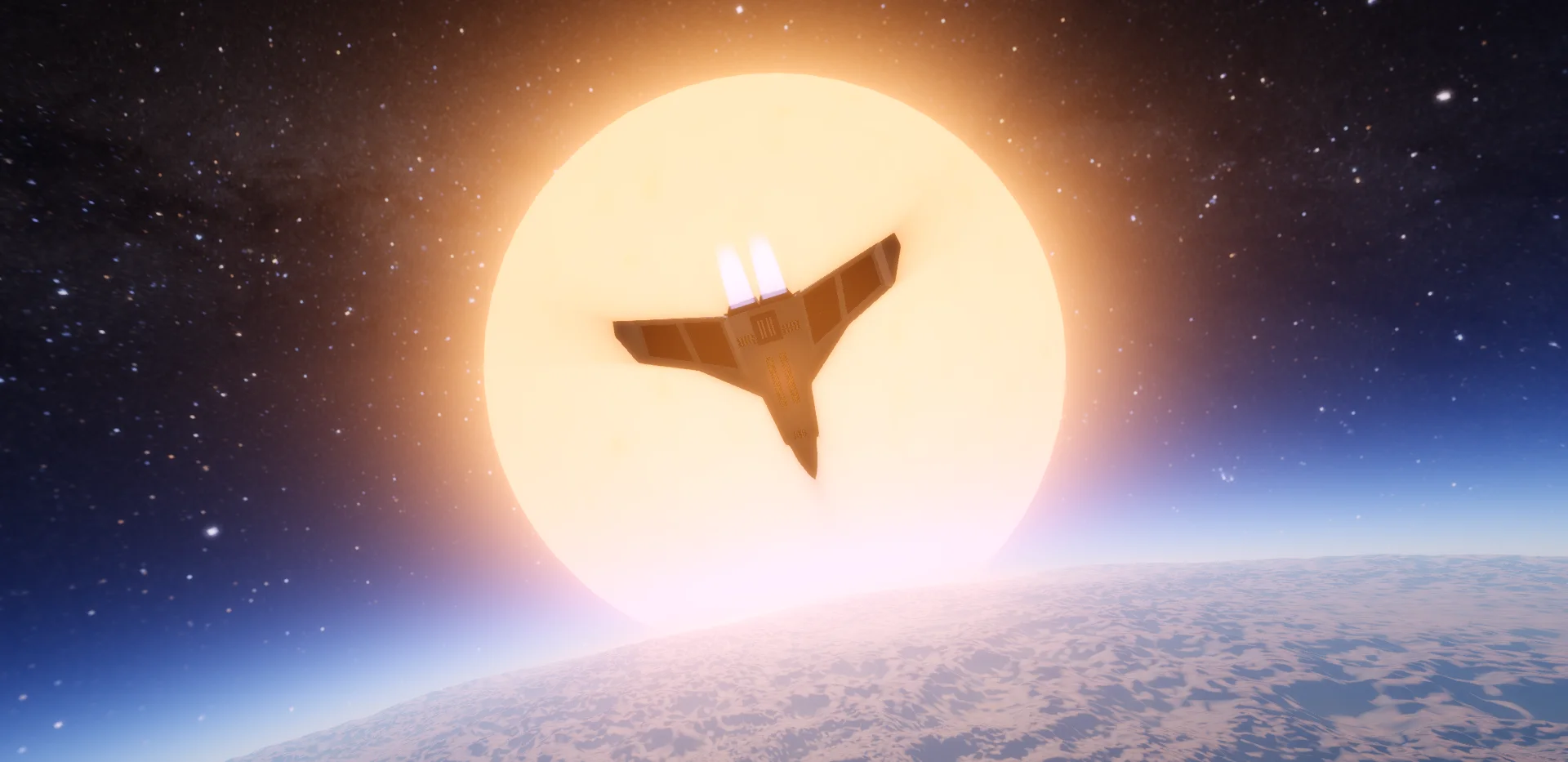 A spacecraft flying above an icy planet in front of a star