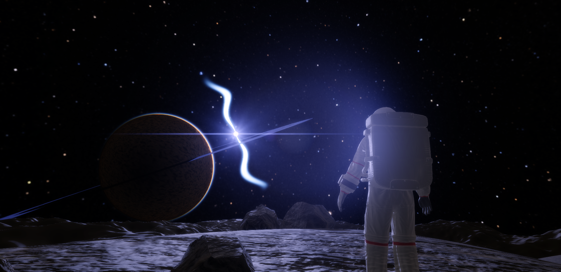 An astronaut observing a luminous anomaly from the surface of a moon