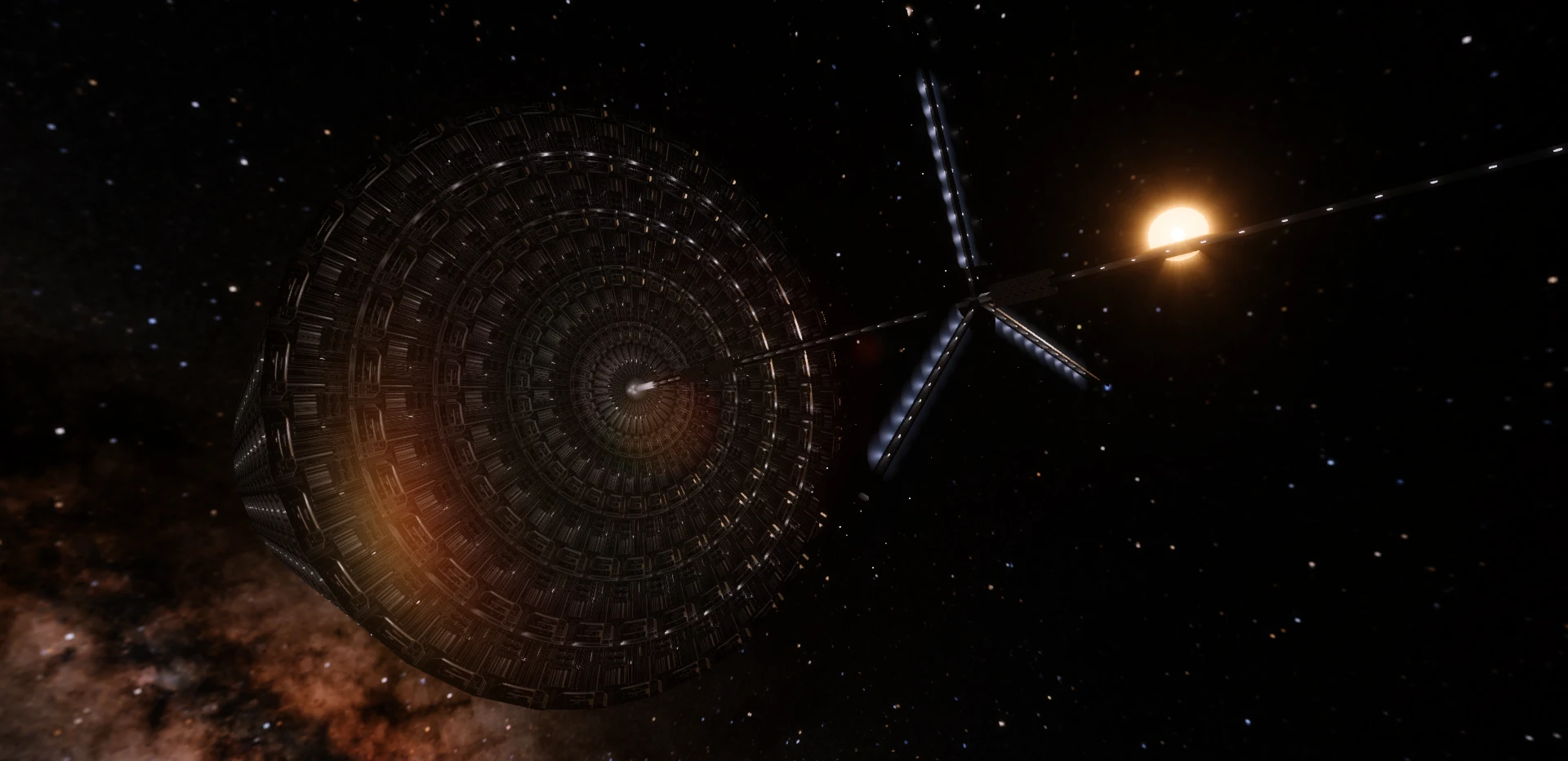 A rotating space station illuminated by a nearby star