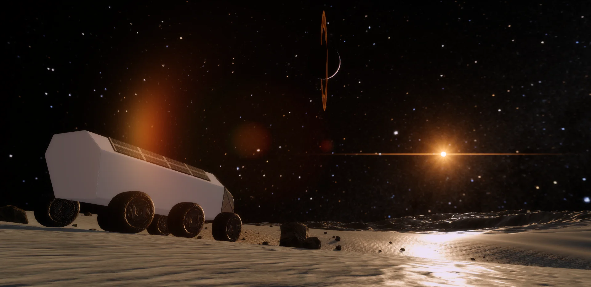 A rover traveling across the surface of a moon